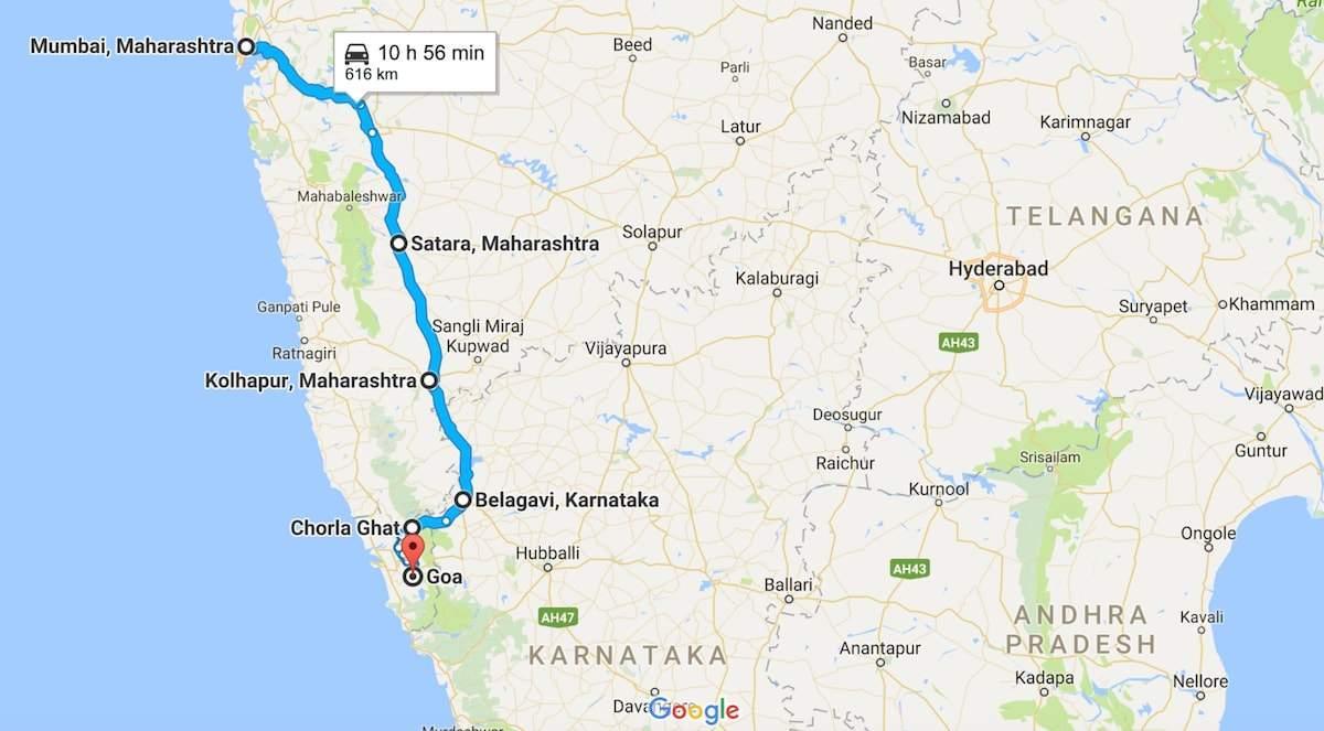 Mumbaju do Goa Drogowa mapa